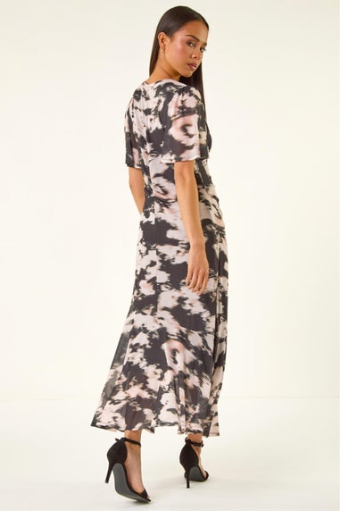 Roman Black Petite Printed Mesh Ruched Midi Dress
