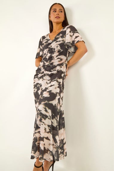 Roman Black Petite Printed Mesh Ruched Midi Dress