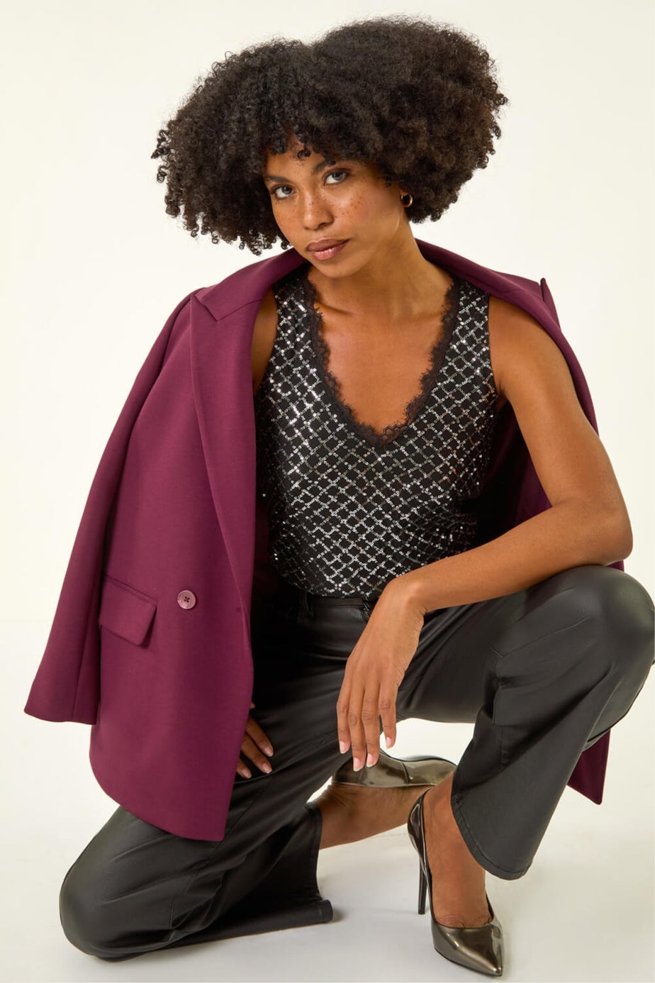 Roman Silver Diamond Lace Sequin Vest Top