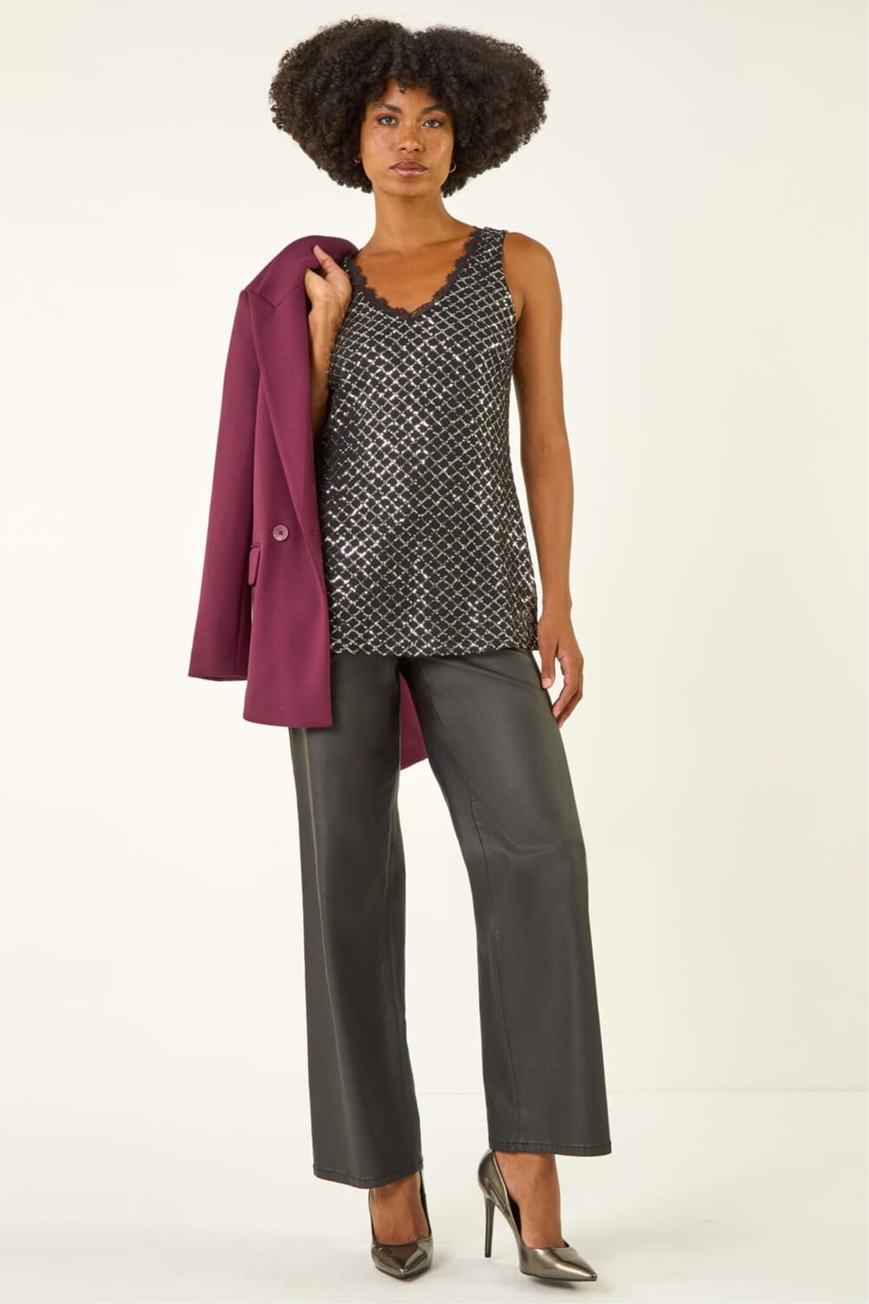 Roman Silver Diamond Lace Sequin Vest Top