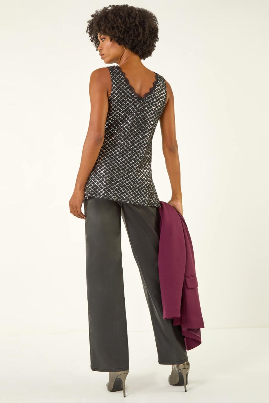 Roman Silver Diamond Lace Sequin Vest Top