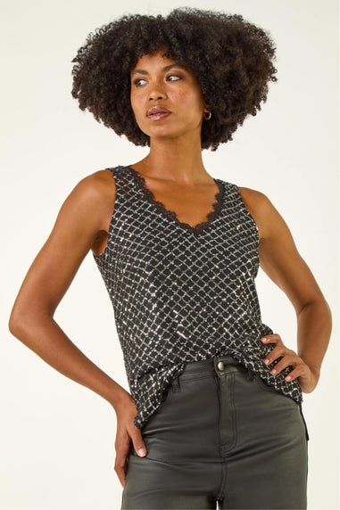 Roman Silver Diamond Lace Sequin Vest Top
