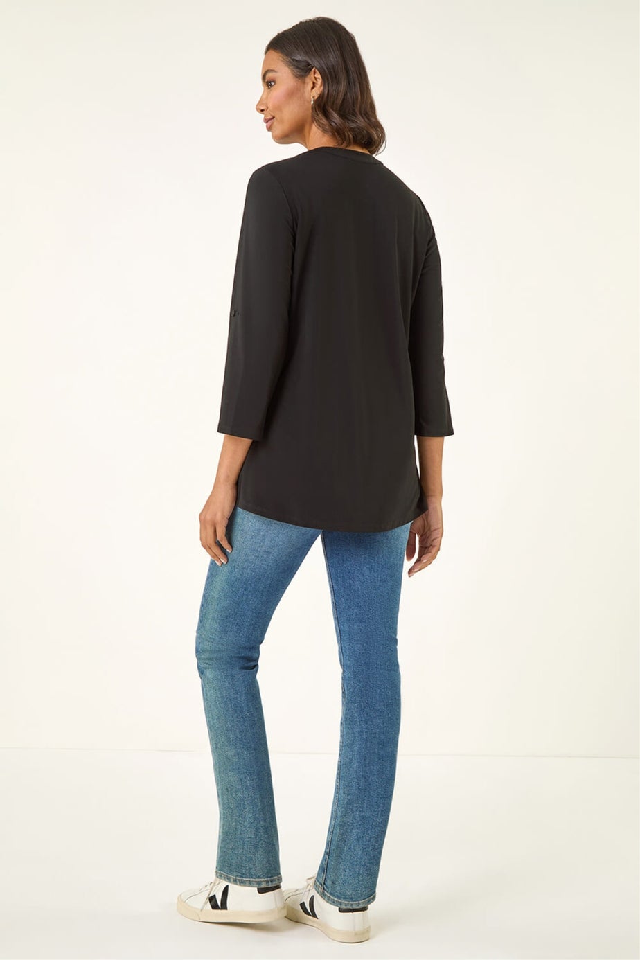 Roman Black Pintuck Button Stretch Top