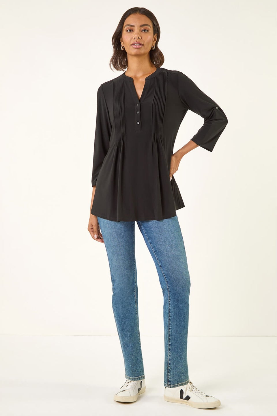 Roman Black Pintuck Button Stretch Top