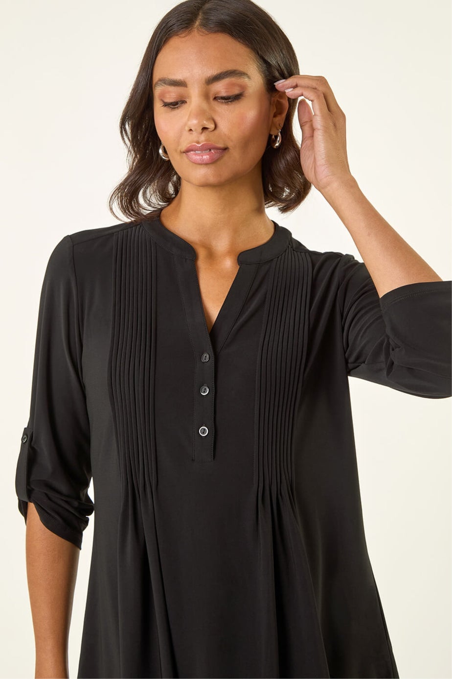Roman Black Pintuck Button Stretch Top