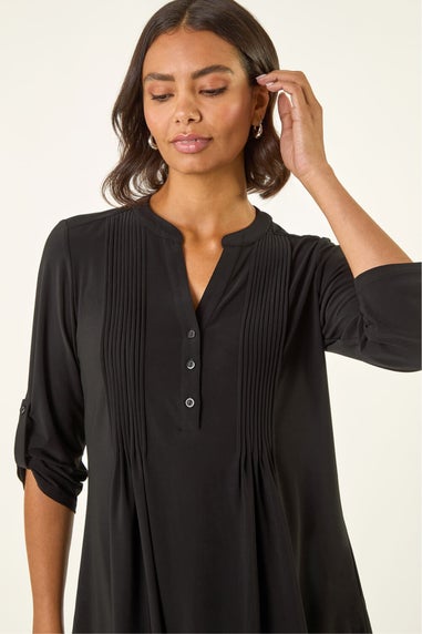 Roman Black Pintuck Button Stretch Top
