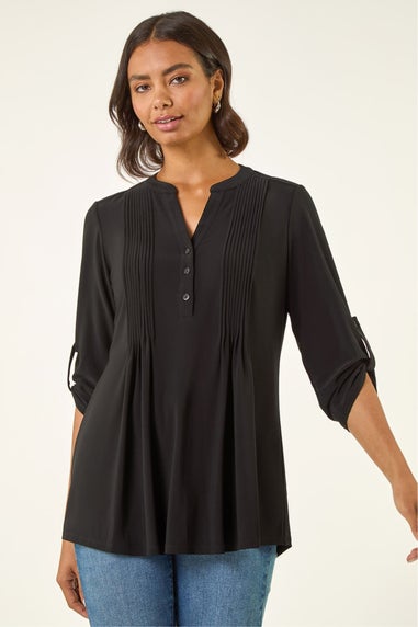 Roman Black Pintuck Button Stretch Top