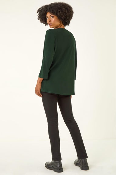 Roman Green Pintuck Button Stretch Top