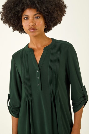Roman Green Pintuck Button Stretch Top