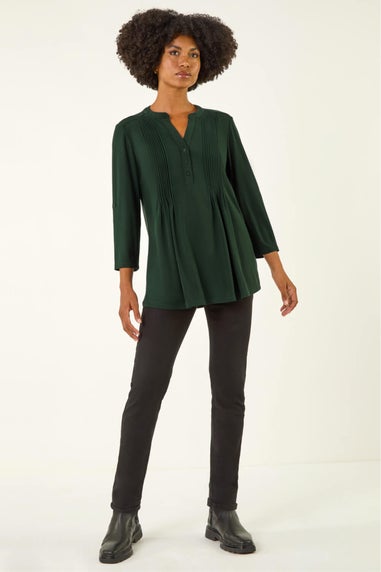 Roman Green Pintuck Button Stretch Top