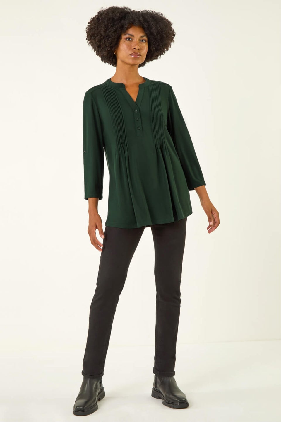 Roman Green Pintuck Button Stretch Top