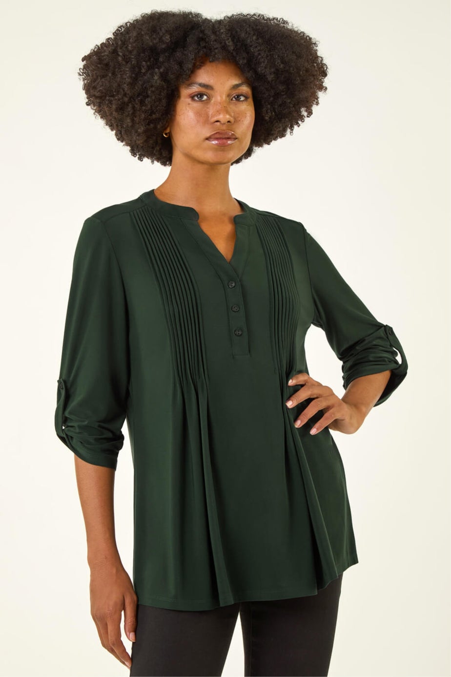 Roman Green Pintuck Button Stretch Top