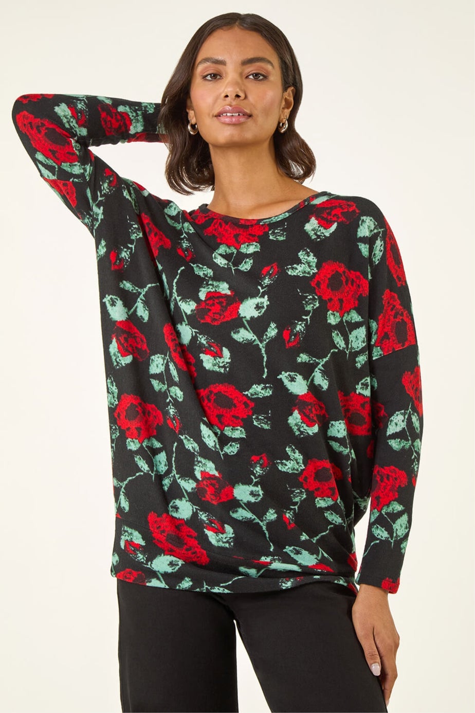 Roman Red Floral Print Banded Hem Top