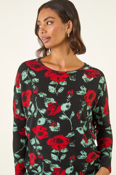 Roman Red Floral Print Banded Hem Top