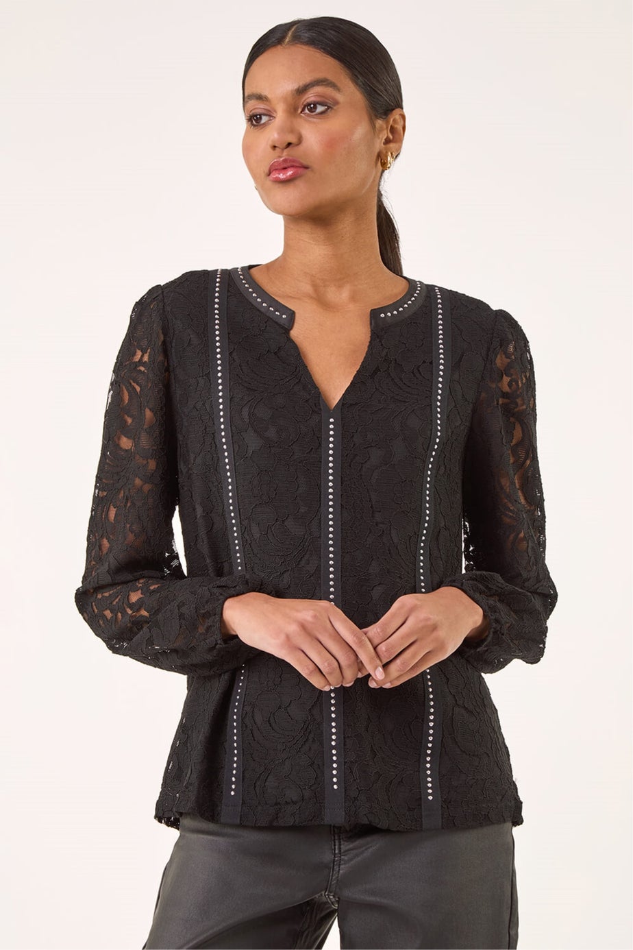 Roman Black Studded Lace Notch Neck Top