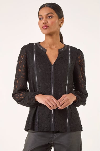 Roman Black Studded Lace Notch Neck Top