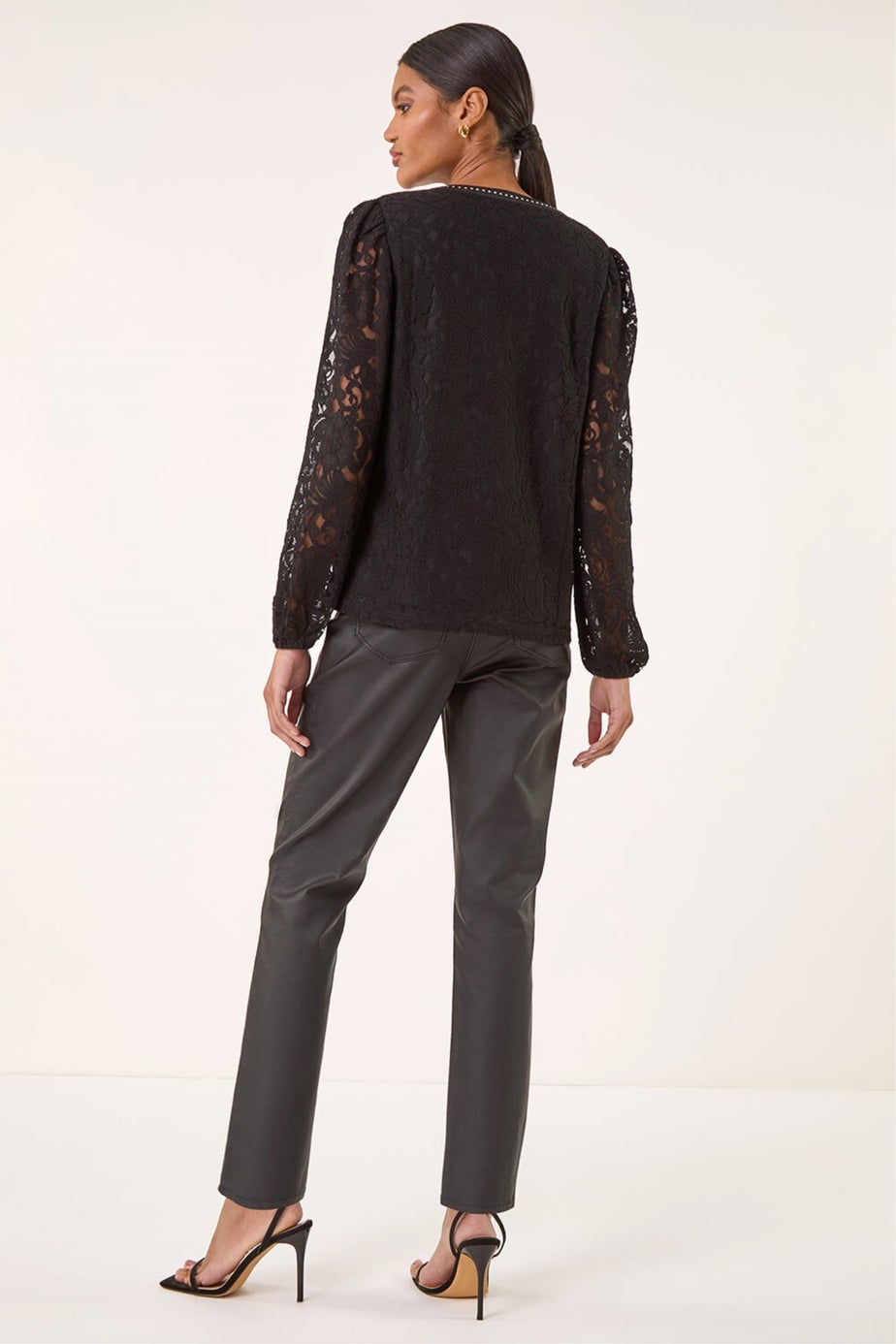 Roman Black Studded Lace Notch Neck Top