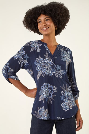 Roman Blue Floral Puff Print Stretch Shirt