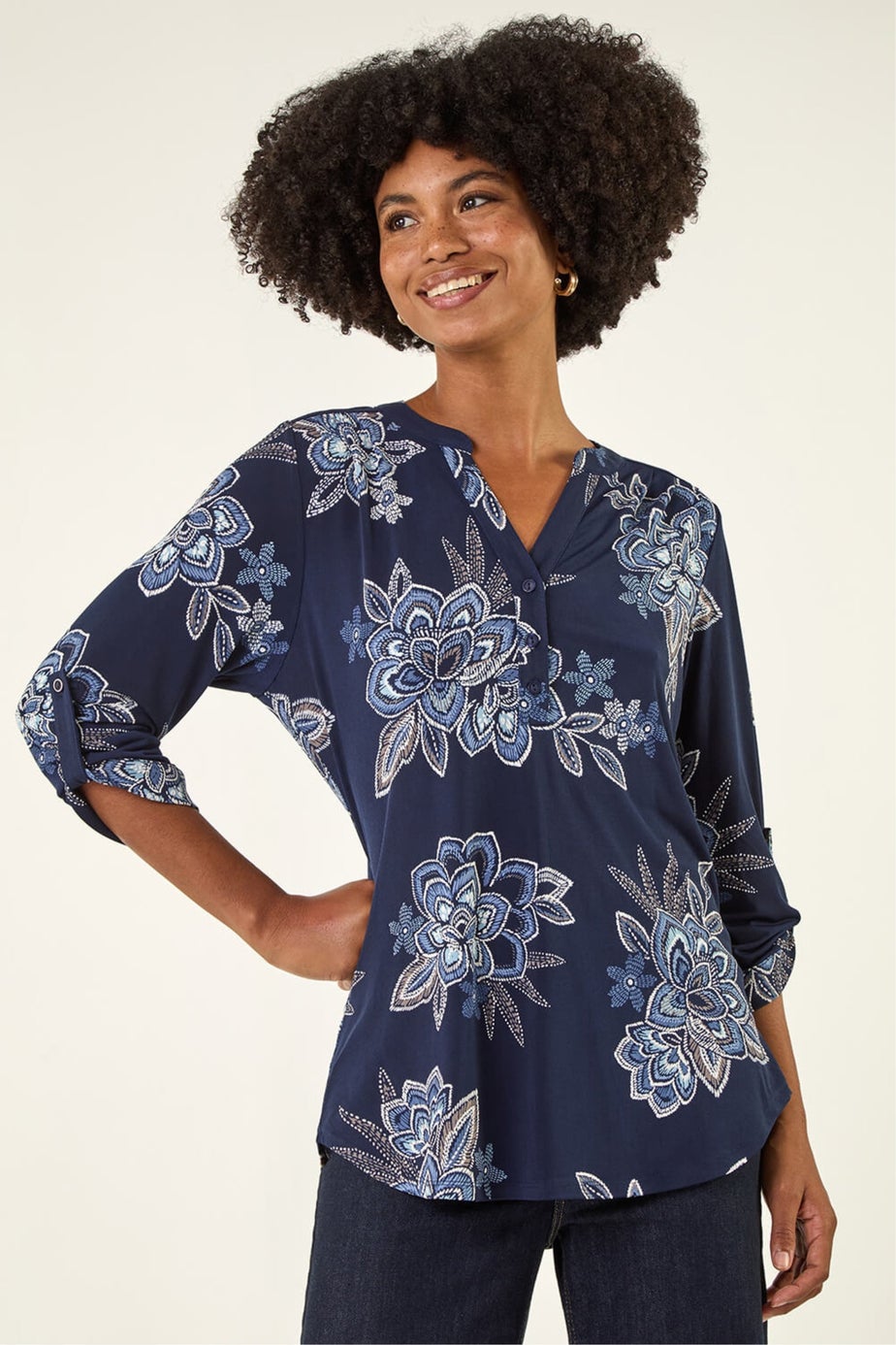 Roman Blue Floral Puff Print Stretch Shirt