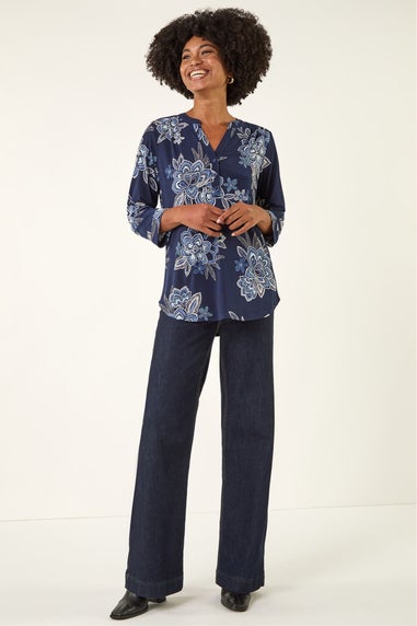 Roman Blue Floral Puff Print Stretch Shirt