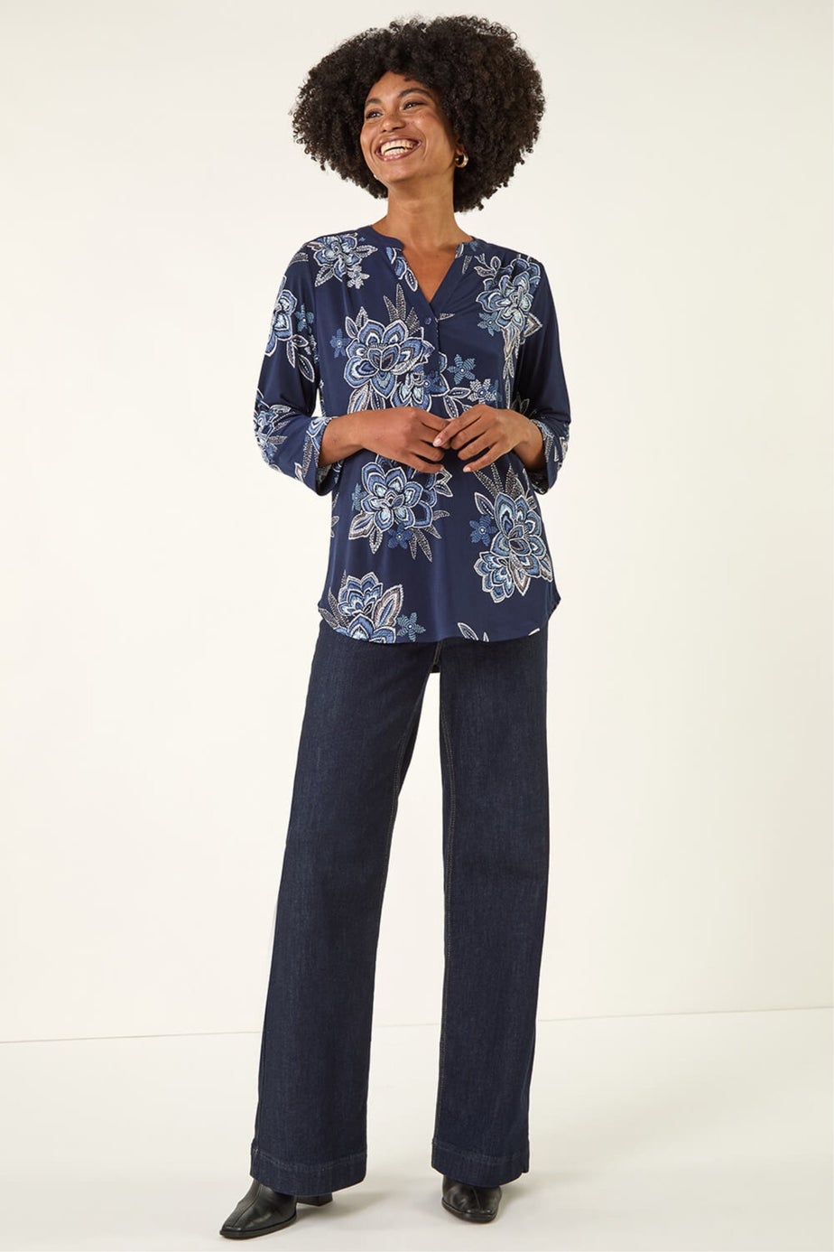 Roman Blue Floral Puff Print Stretch Shirt