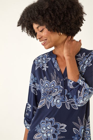 Roman Blue Floral Puff Print Stretch Shirt