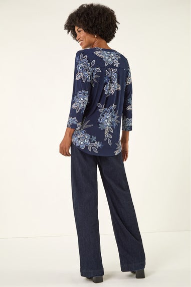 Roman Blue Floral Puff Print Stretch Shirt