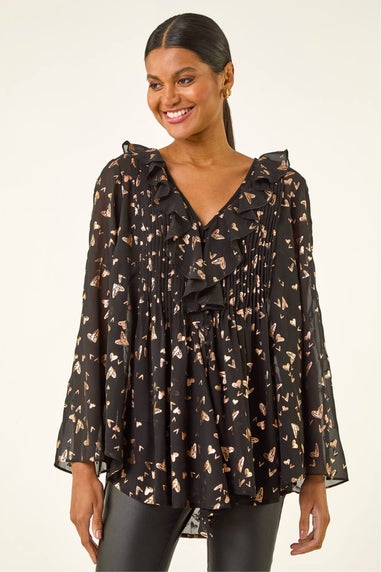 Roman Rose Foil Heart Print Frill Front Blouse