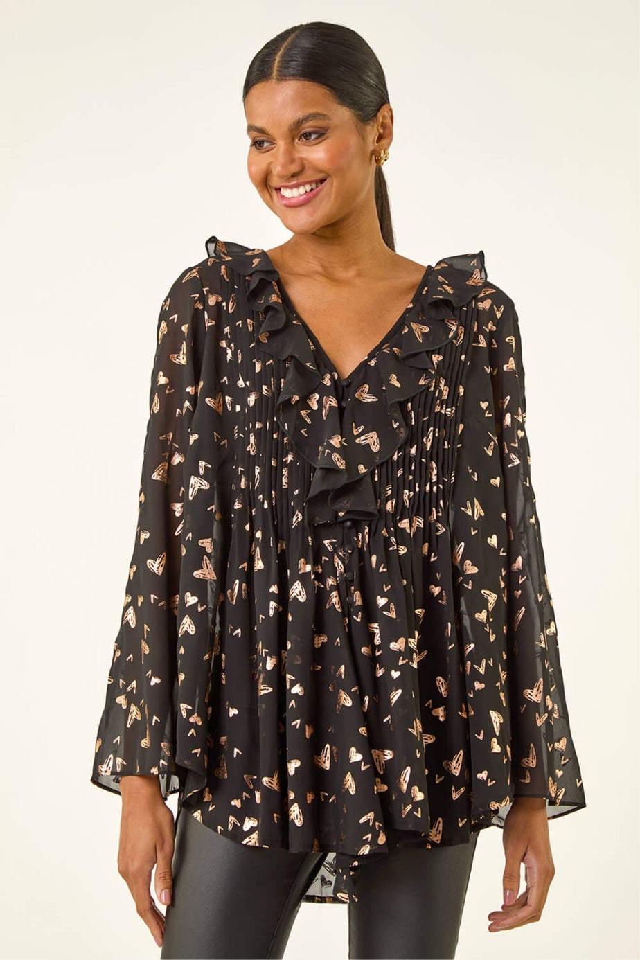 Roman Rose Foil Heart Print Frill Front Blouse