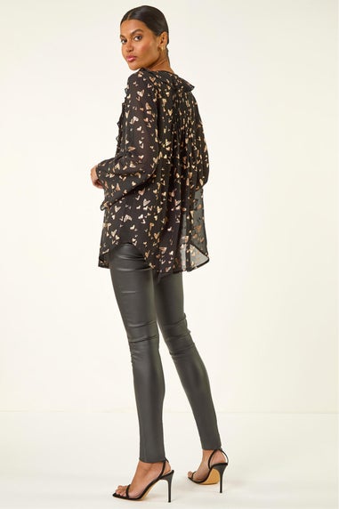 Roman Rose Foil Heart Print Frill Front Blouse