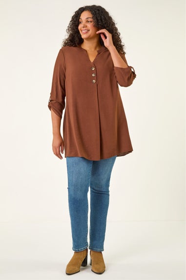 Roman Chocolate Curve Textured Buttoned Tunic Top