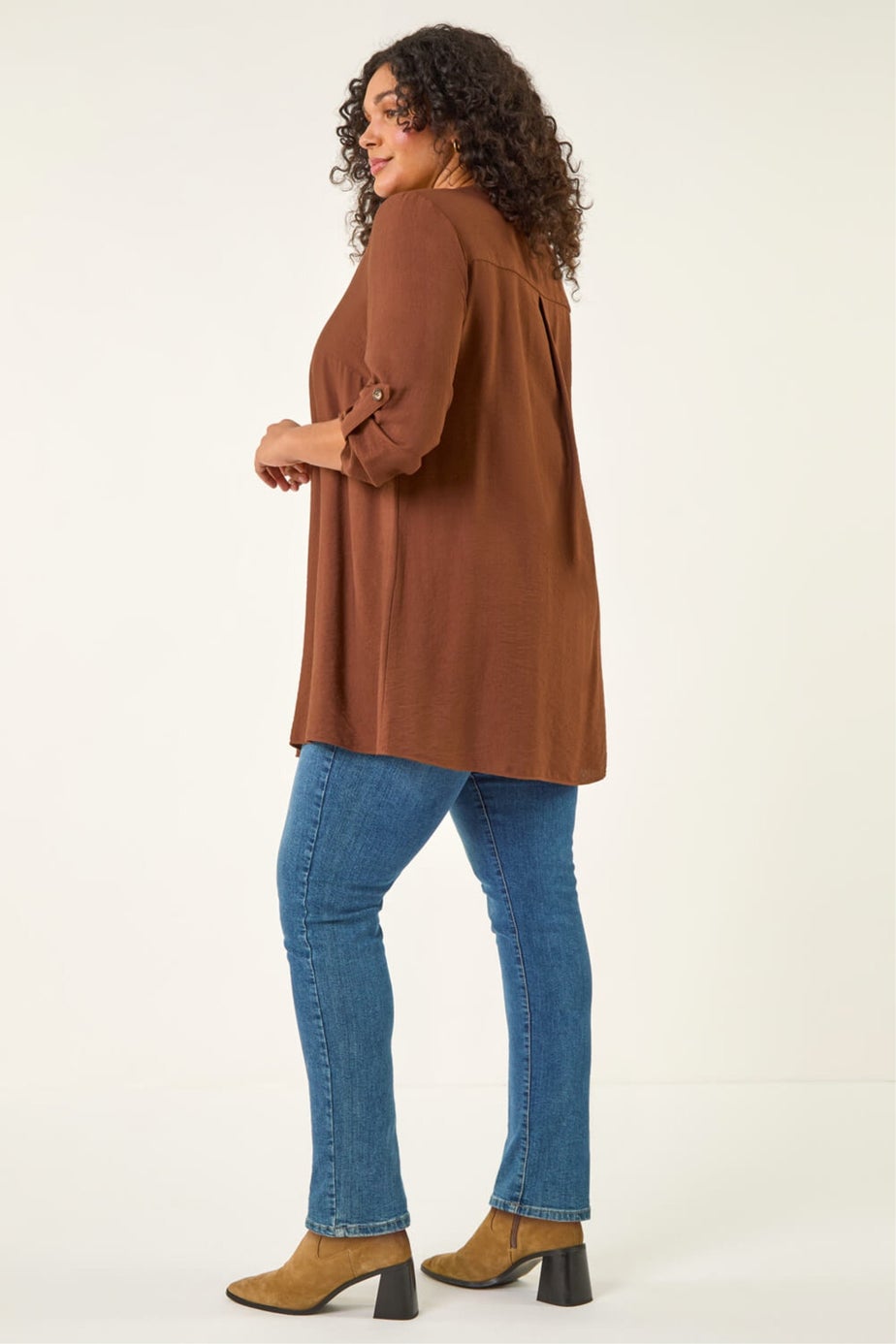 Roman Chocolate Curve Textured Buttoned Tunic Top