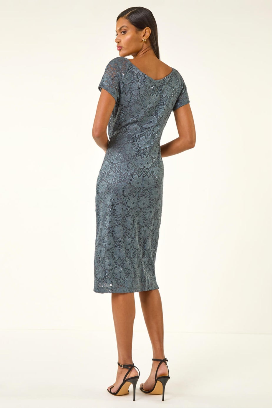 Roman Grey Shimmer Lace Side Ruched Stretch Dress