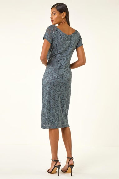 Roman Grey Shimmer Lace Side Ruched Stretch Dress