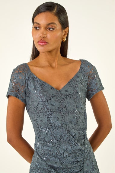 Roman Grey Shimmer Lace Side Ruched Stretch Dress
