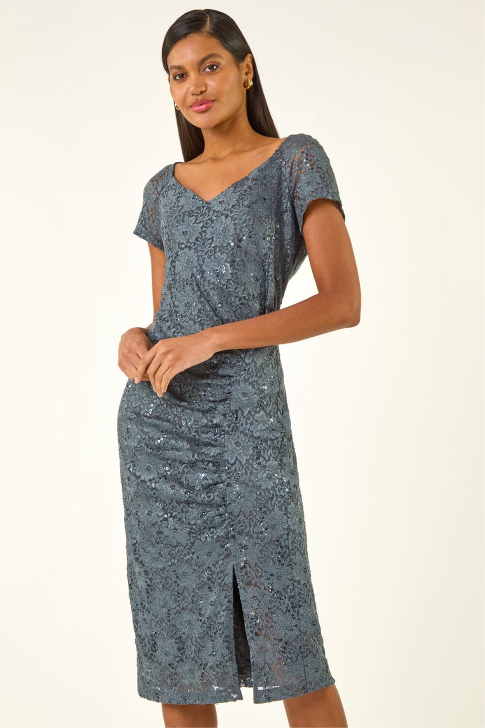 Roman Grey Shimmer Lace Side Ruched Stretch Dress