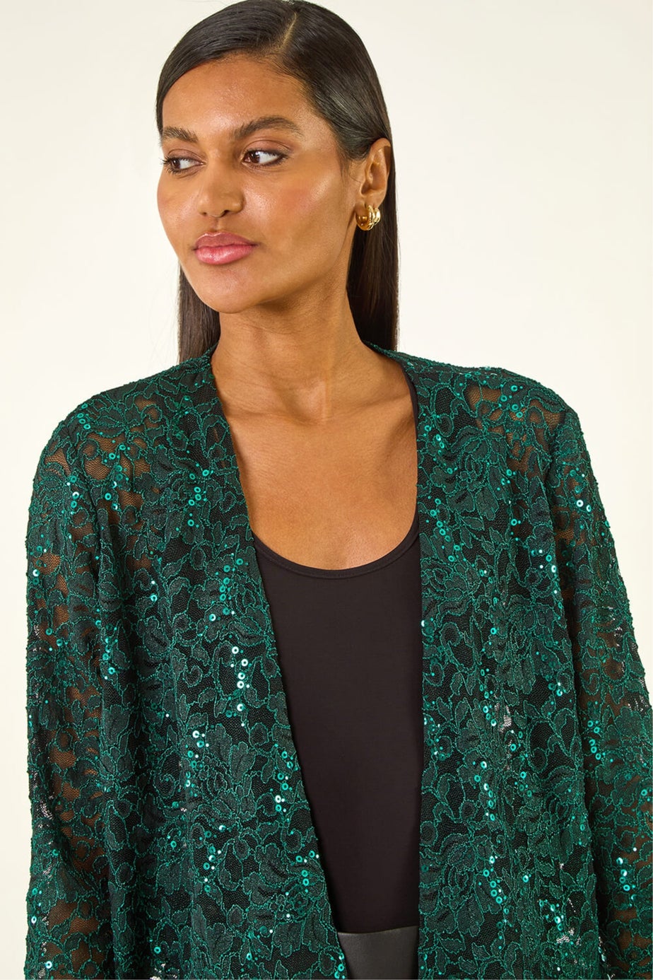 Roman Green Glitter Sequin Lace Top