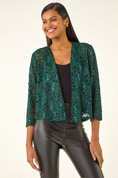Roman Green Glitter Sequin Lace Top
