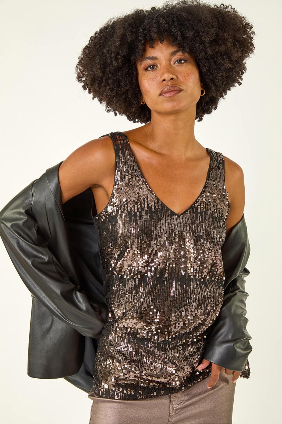 Roman Taupe Sequin V-Neck Vest Top