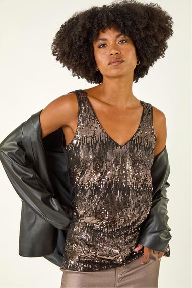 Roman Taupe Sequin V-Neck Vest Top