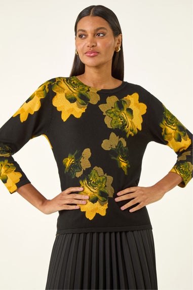 Roman Black Embellished Floral Print Knit Jumper