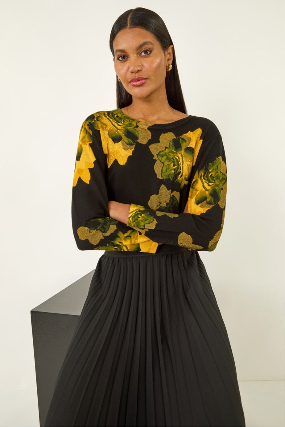 Roman Black Embellished Floral Print Knit Jumper