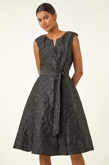 Roman Black Metallic Brocade Belted Dress