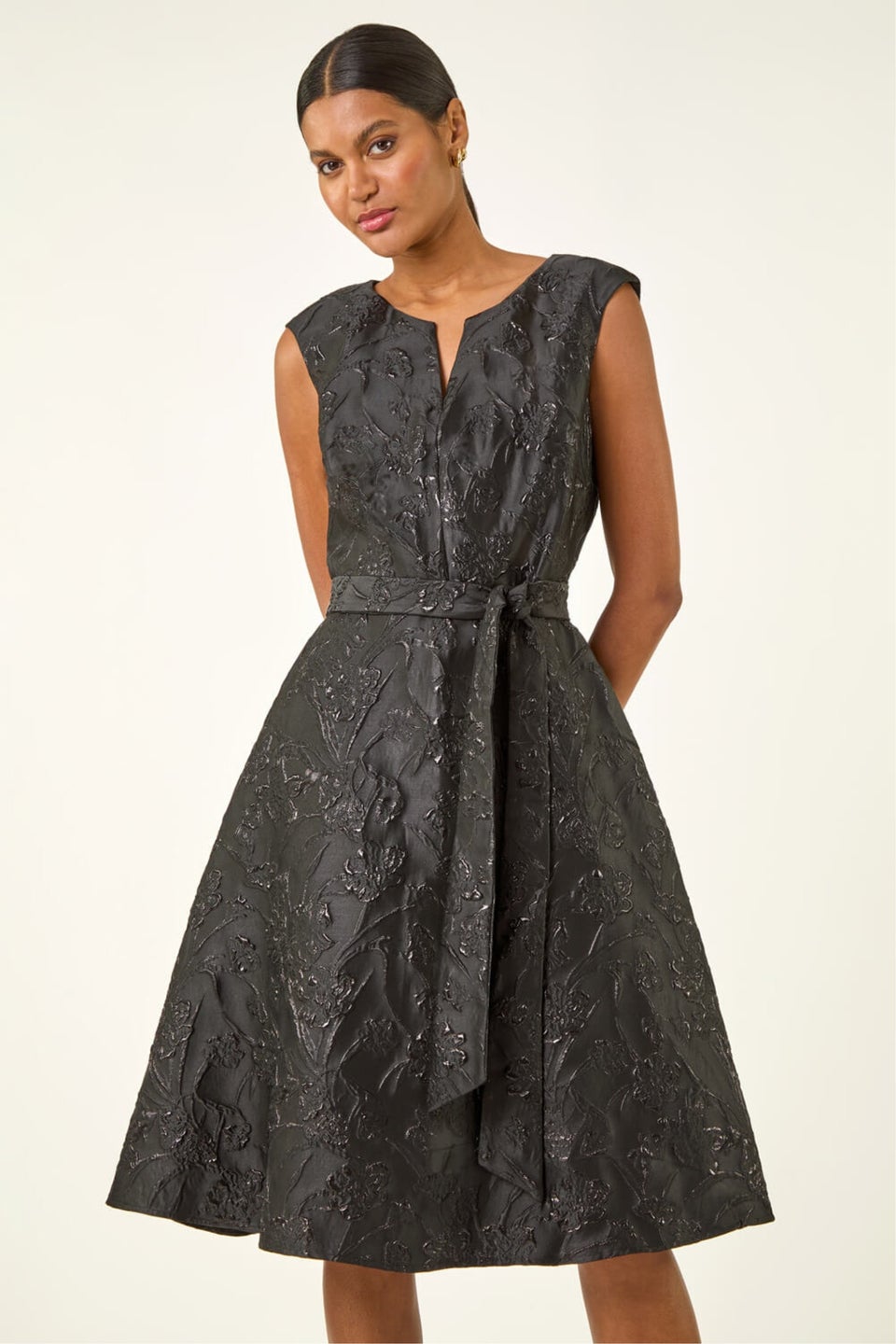 Roman Black Metallic Brocade Belted Dress