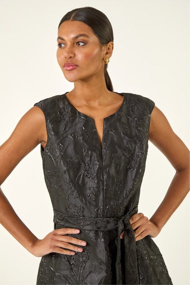 Roman Black Metallic Brocade Belted Dress