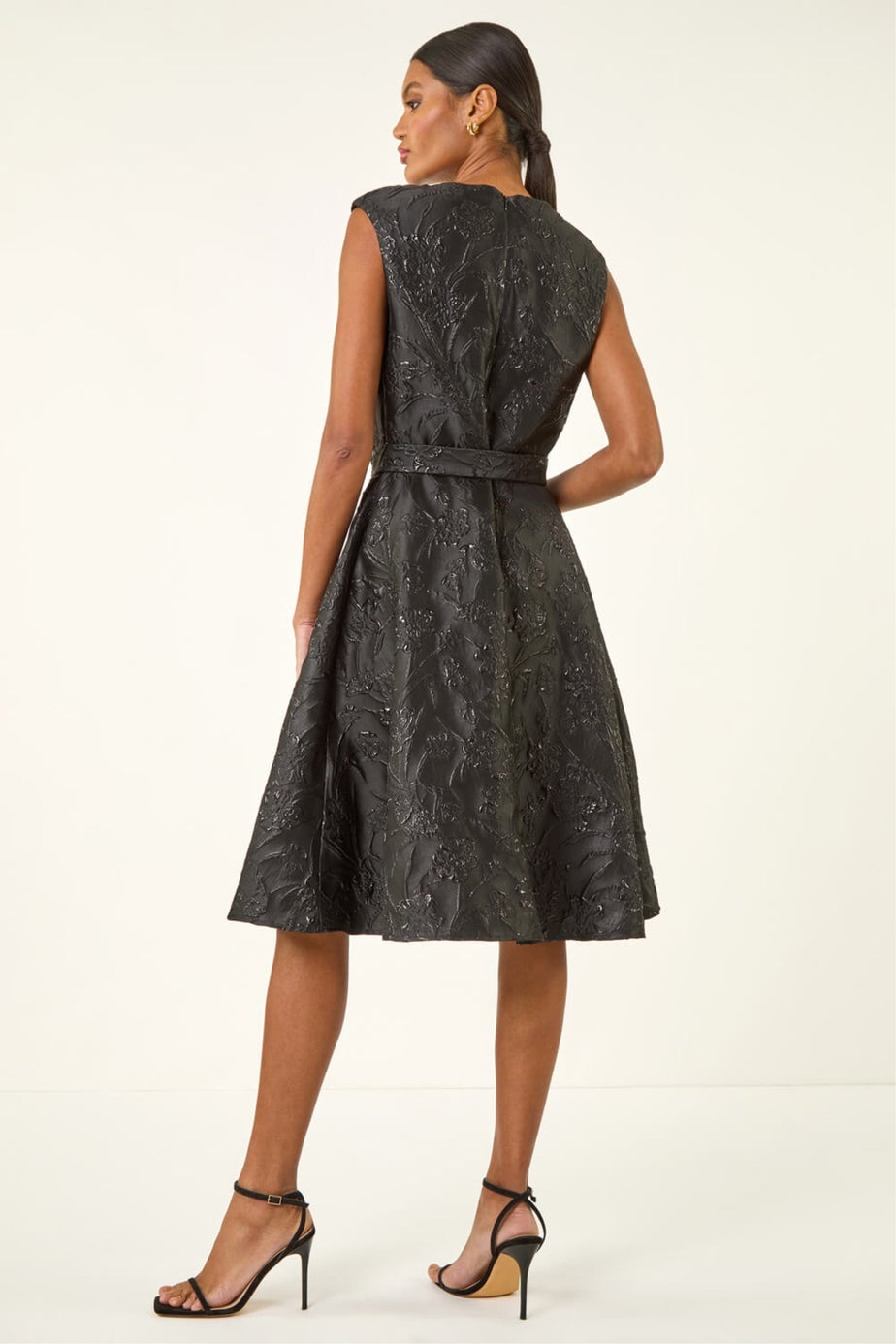 Roman Black Metallic Brocade Belted Dress