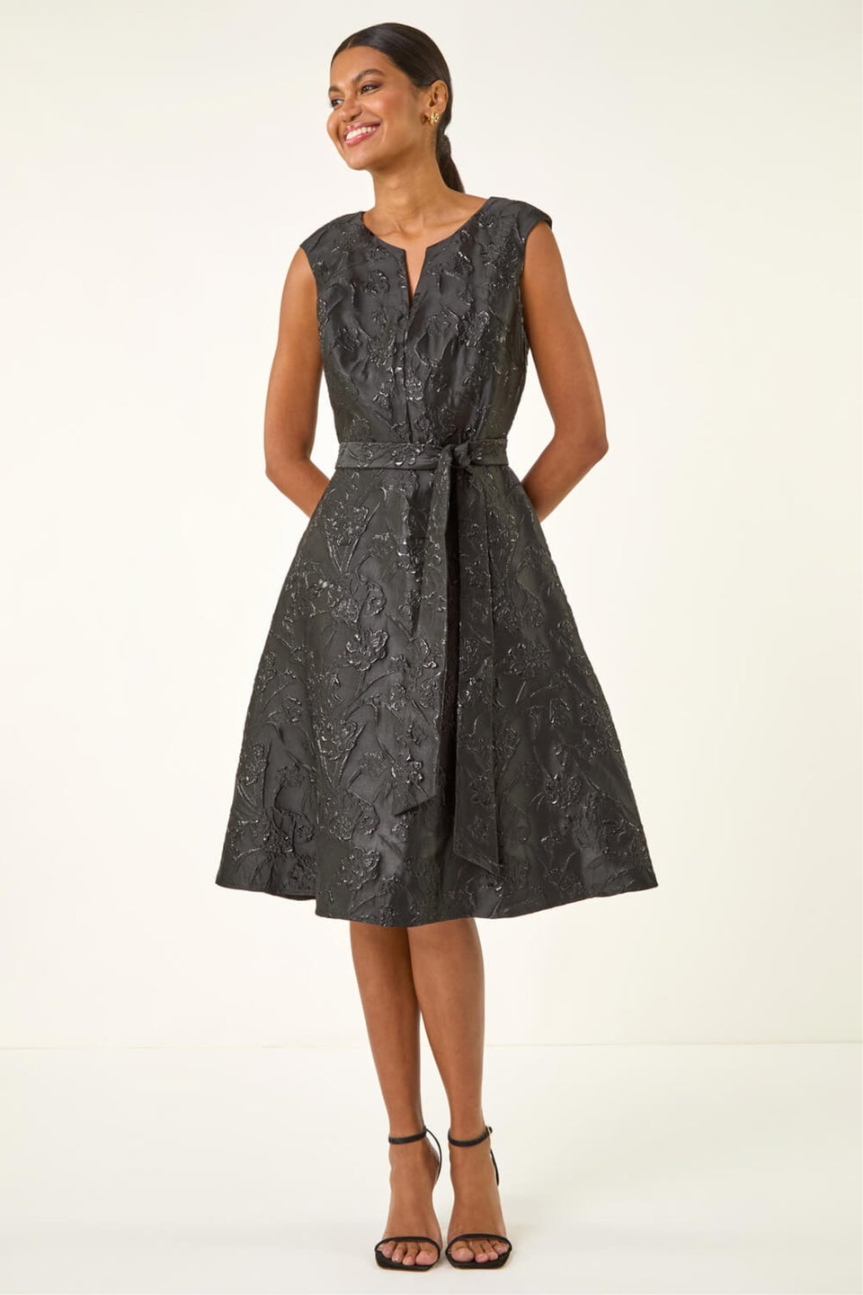 Roman Black Metallic Brocade Belted Dress