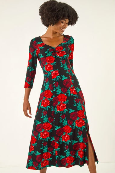Roman Red Rose Ruched Midi Dress