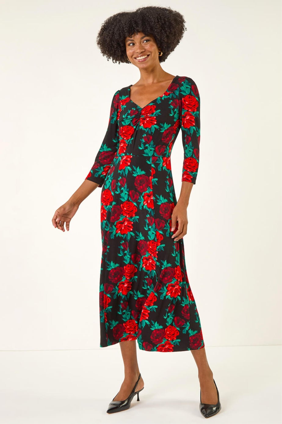 Roman Red Rose Ruched Midi Dress