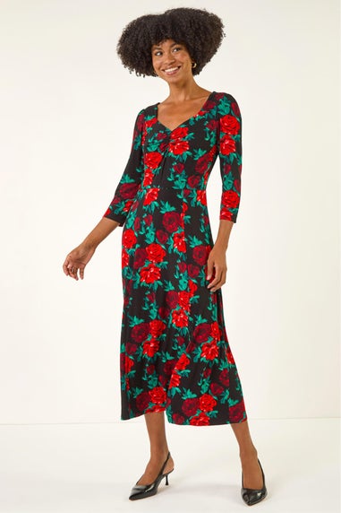 Roman Red Rose Ruched Midi Dress